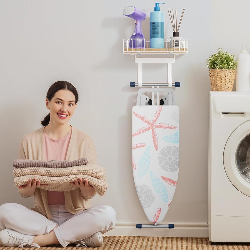ORLESS Ironing Board Hanger Metal Wall Mount Iron and Ironing Board Holder, Laundry Room Decor and Storage with Large Storage White Wooden Base Basket and Removable Hooks - Image 2
